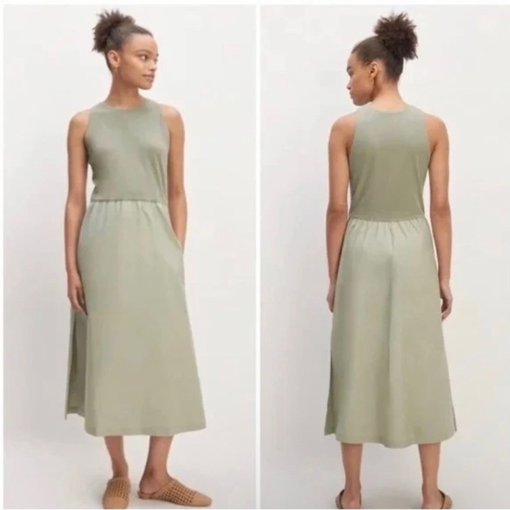 Everlane Sage Green Supima Cotton Jersey Dress Midi Pockets Size M Side Slits